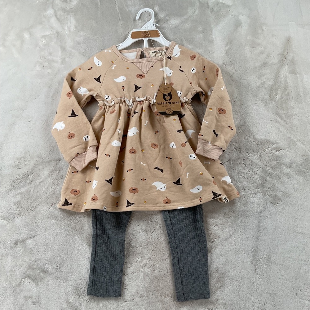 Rabbit + Bear Organic Kids Halloween Dress and Leggings Set Tan Grey 3T NWT